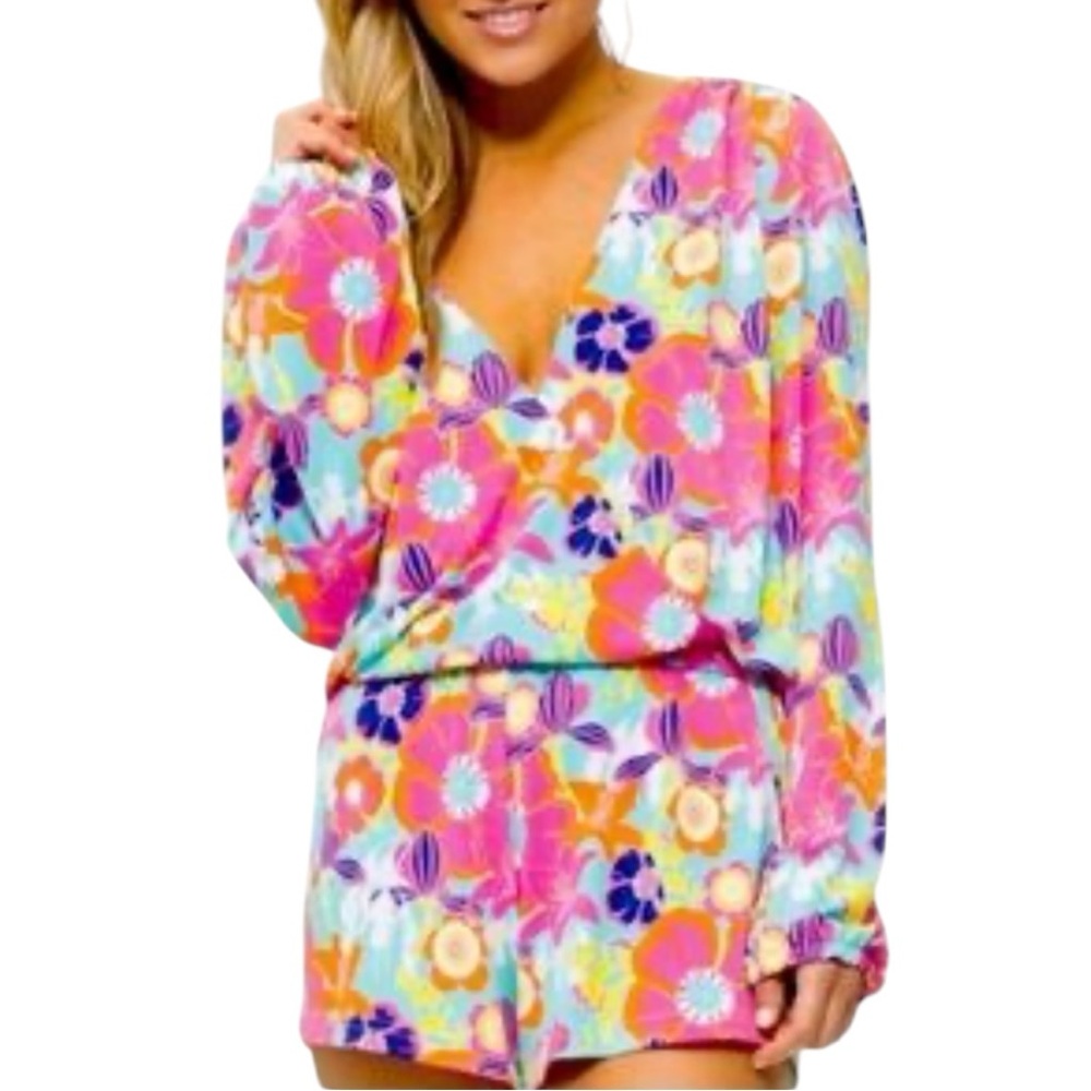 Macbeth Collection by Margaret Josephs Floral V-Neck‎ Long Sleeve Romper  Sz M